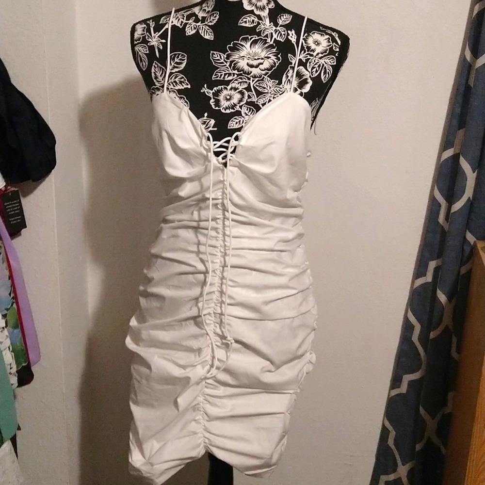 NWT. White Bunched Lace Up & Tie Dress